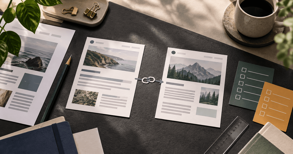 Editorial desk scene with two abstract page layouts connected by a link beside green and amber evaluation cards