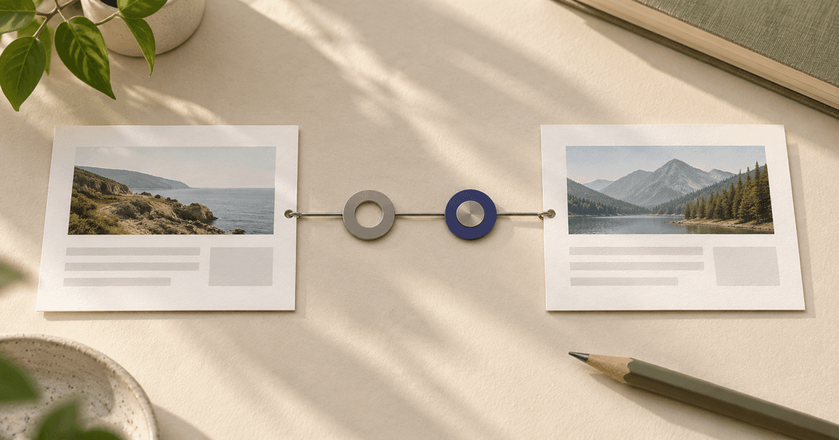 Two editorial page cards connected by distinct metal link markers on a warm desk