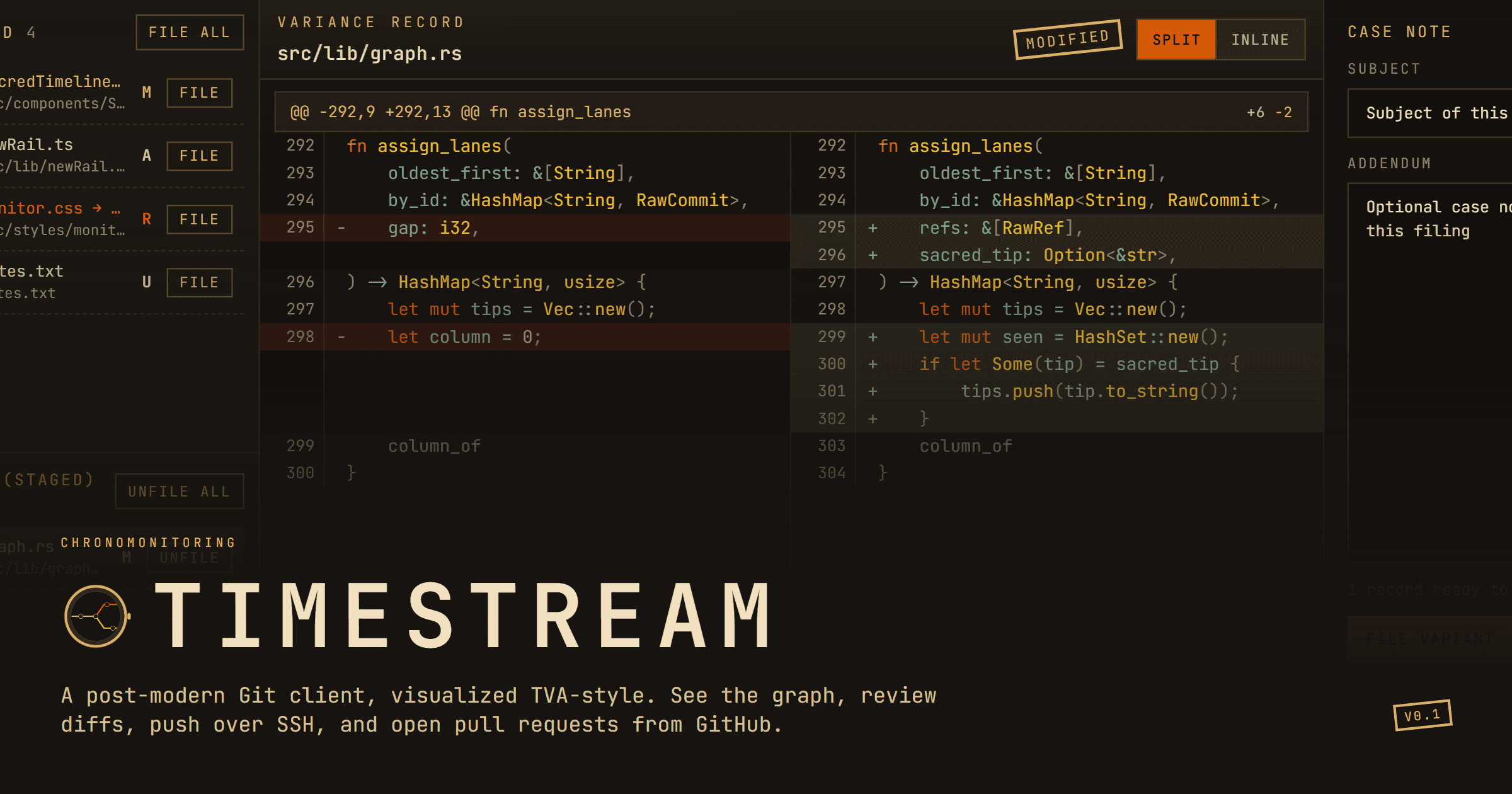 Timestream review desk showing a split diff with changed files beside the hunk