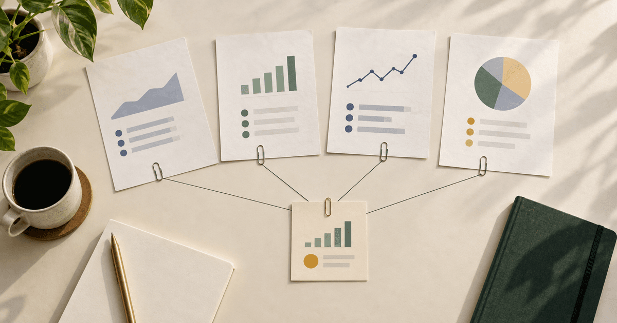 Abstract competitor research sheets connected to a smaller qualified shortlist on a warm editorial desk