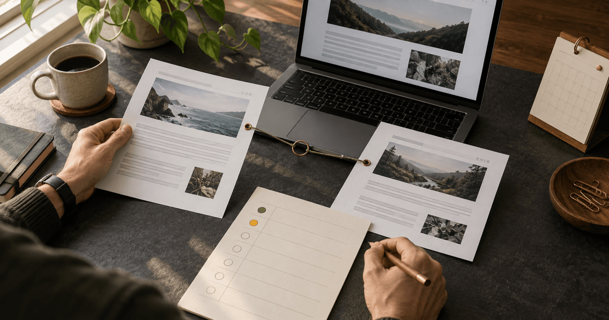 Founder reviewing connected web pages and a blank monitoring checklist beside a laptop