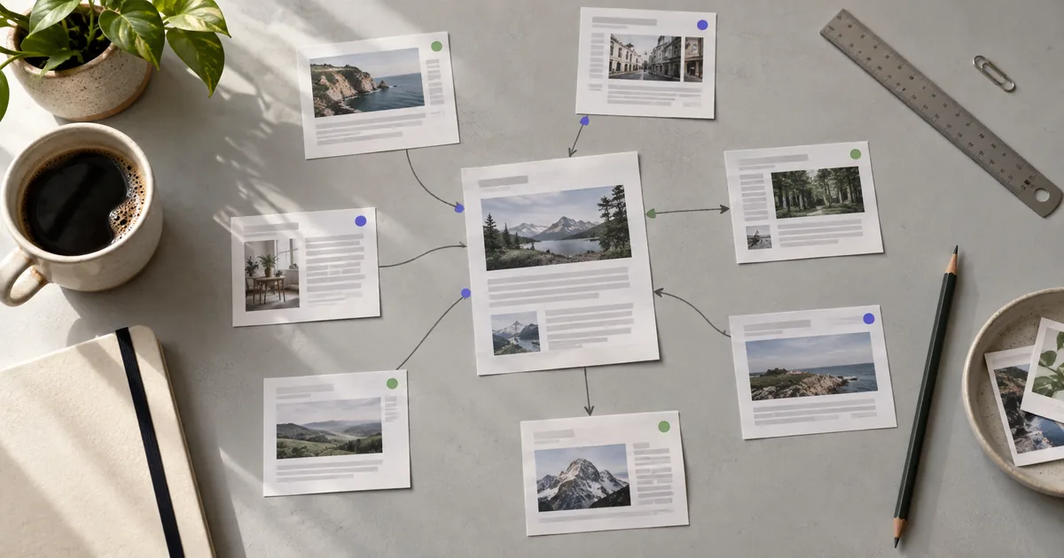 Printed webpage research arranged on a desk with hand-drawn connections between relevant opportunities