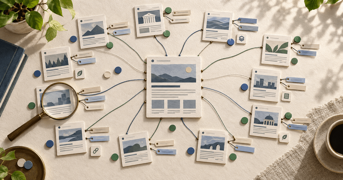 A central web page connected to an inspectable collection of source pages, anchors, destinations, and link markers