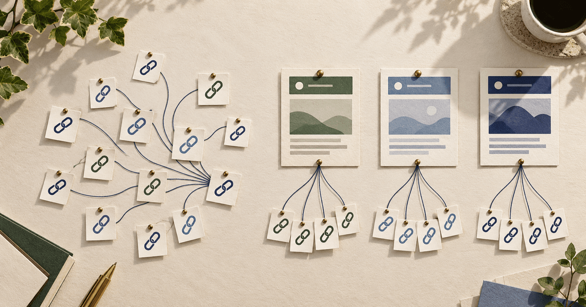 Many individual link cards grouped beneath three distinct source-domain pages on a warm editorial desk