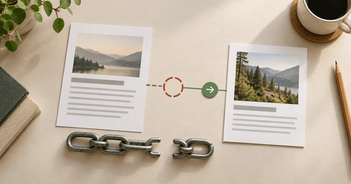 Broken metal chain and two editorial pages connected by a simple replacement path on a warm desk