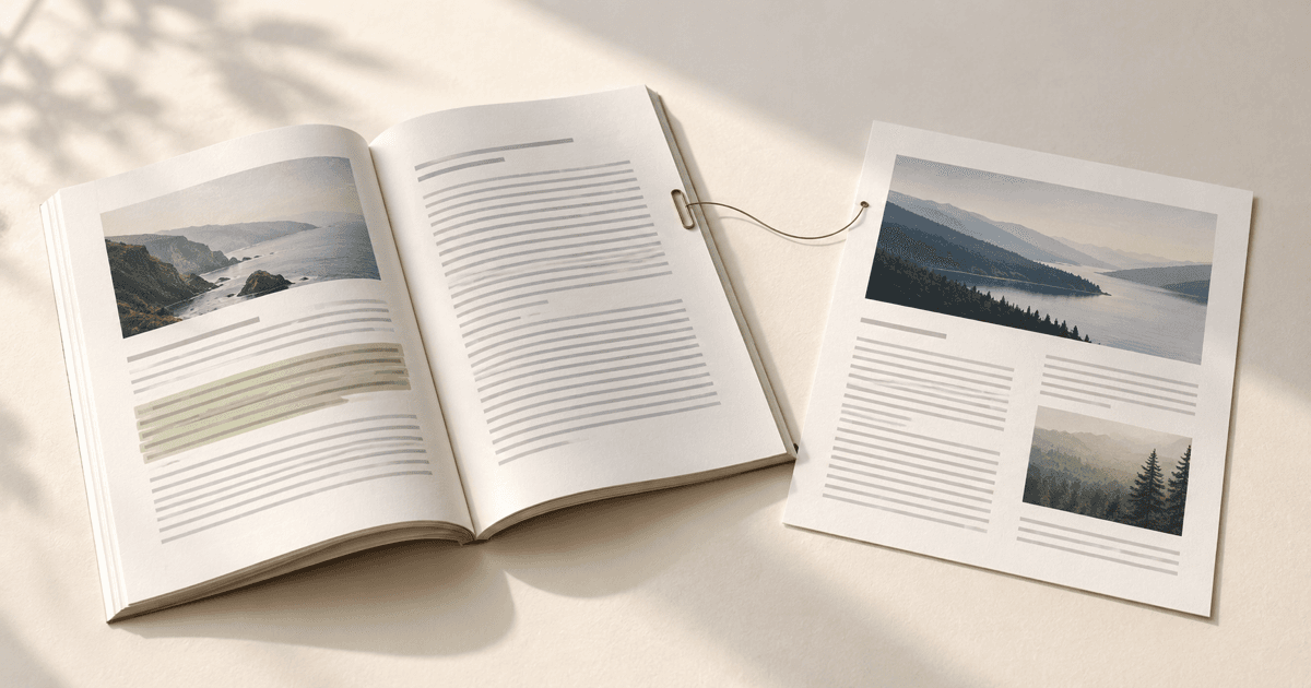 Open editorial pages with one highlighted passage connected to a relevant resource page on a warm desk