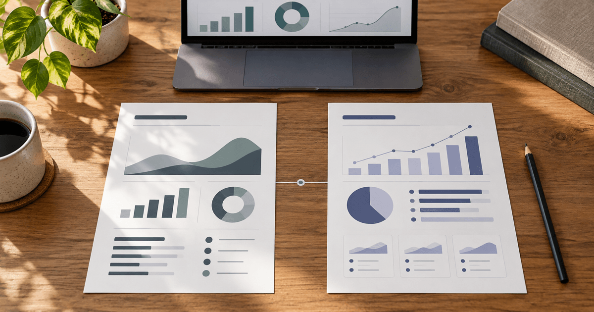 Two abstract website metric reports compared side by side on a warm editorial desk