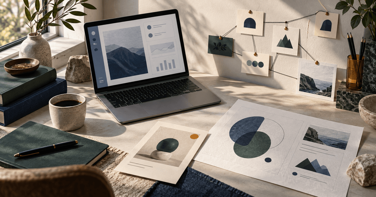 Founder worktable with a laptop, research sheets, and connected cards forming a thoughtful relationship map