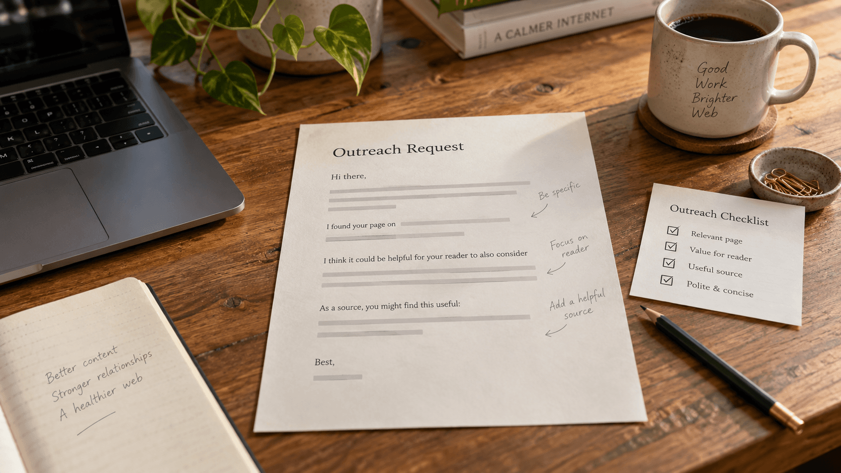 A publisher reviewing a short outreach request with a pencil beside a laptop and printed notes