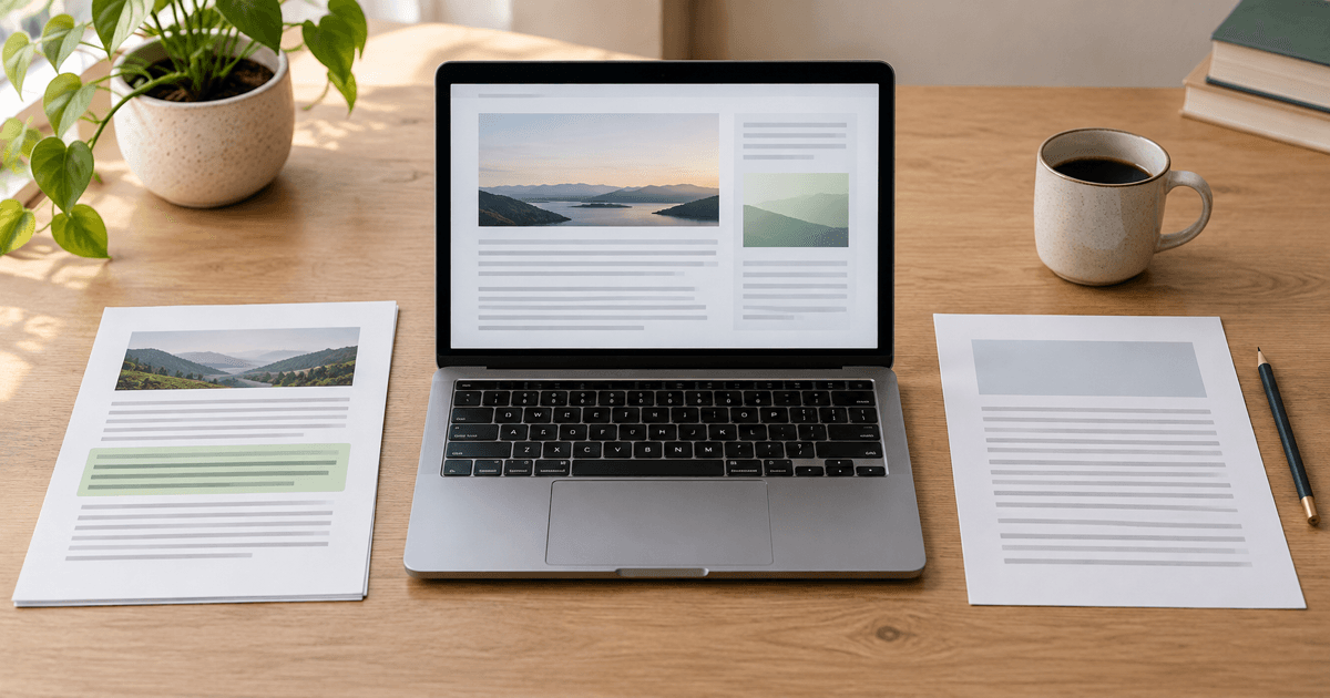 Founder comparing an existing article with a fresh editorial draft at a laptop and desk