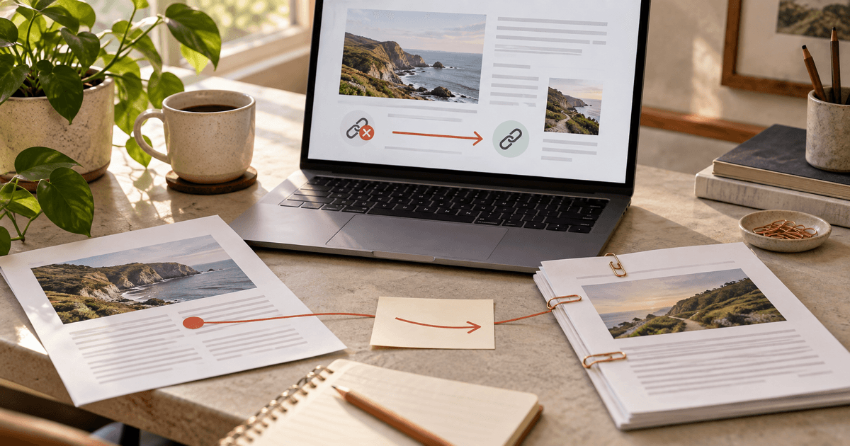 Founder reconnecting an existing web mention to the correct destination on a laptop and printed pages
