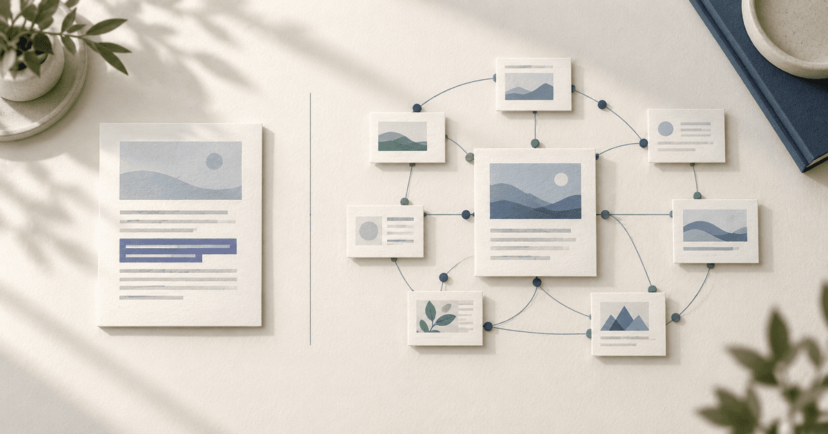 A single editorial web page examined beside a whole-domain backlink map on a warm desk