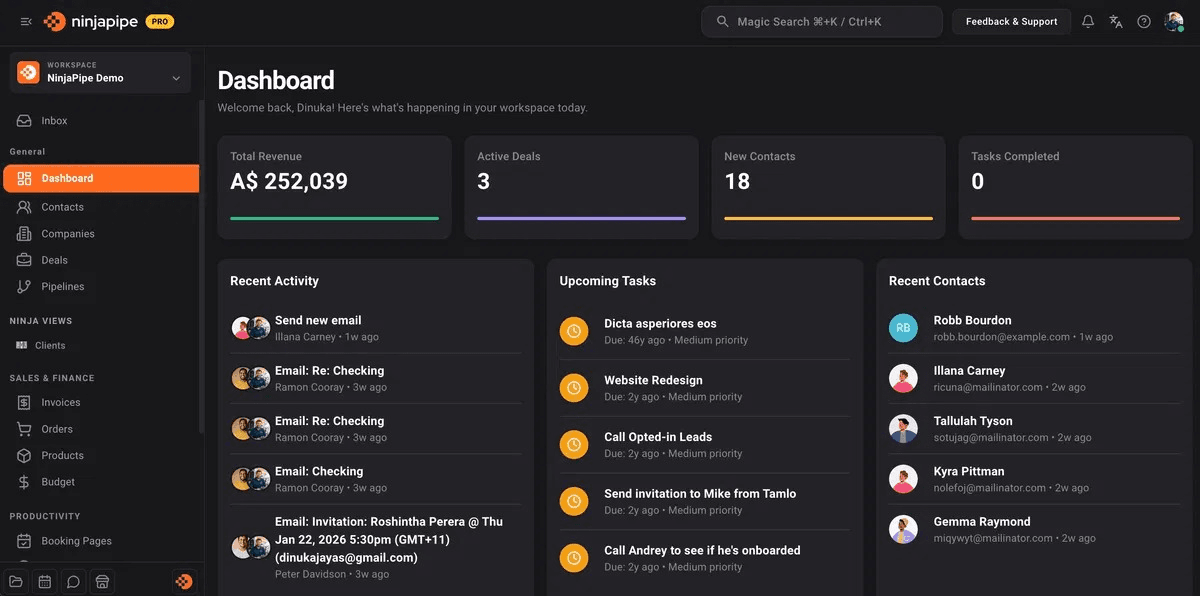 NinjaPipe dashboard screenshot showing revenue, deals, contacts, and upcoming tasks