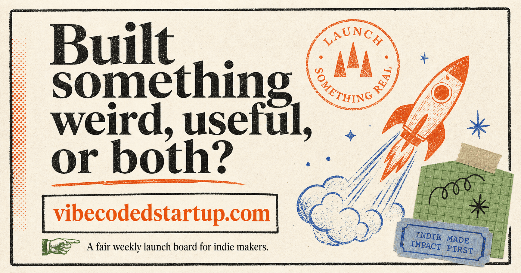 Editorial launch artwork for vibecoded.startup, a weekly launch board for indie makers