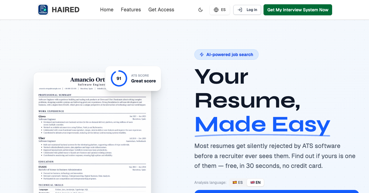 HAIRED homepage showing a resume preview, an ATS score of 91, and a free CV scanning call to action