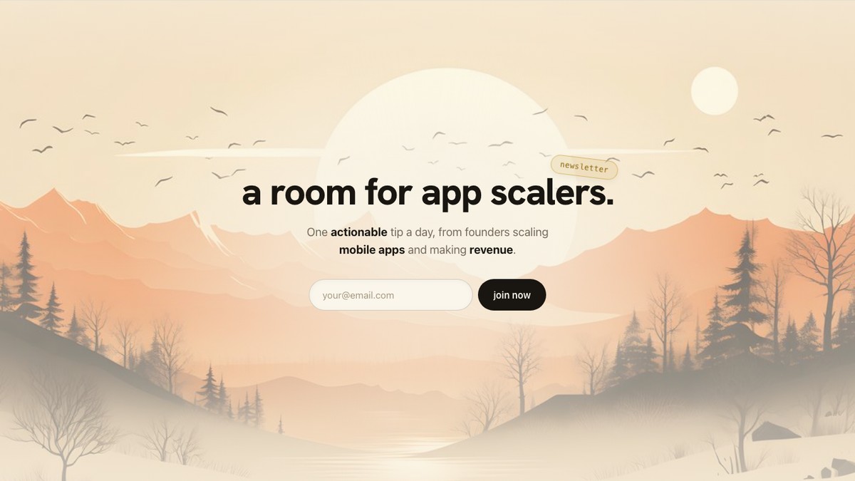 Tasu newsletter landing page showing the headline a room for app scalers and the daily email signup