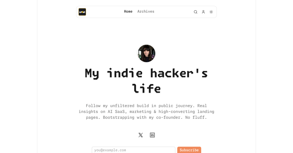 Yoanna Juille's journal homepage with her portrait, publication title, and build-in-public description